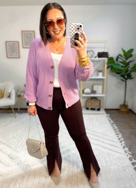 Walmart workwear look for spring!  

New boyfriend cardigan!  Love this lighter purple color. Wearing a large.  Fits tts. 

XXL tank. Large pants. 
Sized up half a size in the heels  

#LTKworkwear #LTKfindsunder50 #LTKmidsize