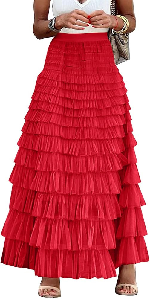Flygo Women's Long Maxi Tulle Skirts A Line Ruffle High Waisted Tiered Layered Mesh Tutu Skirt Pe... | Amazon (US)