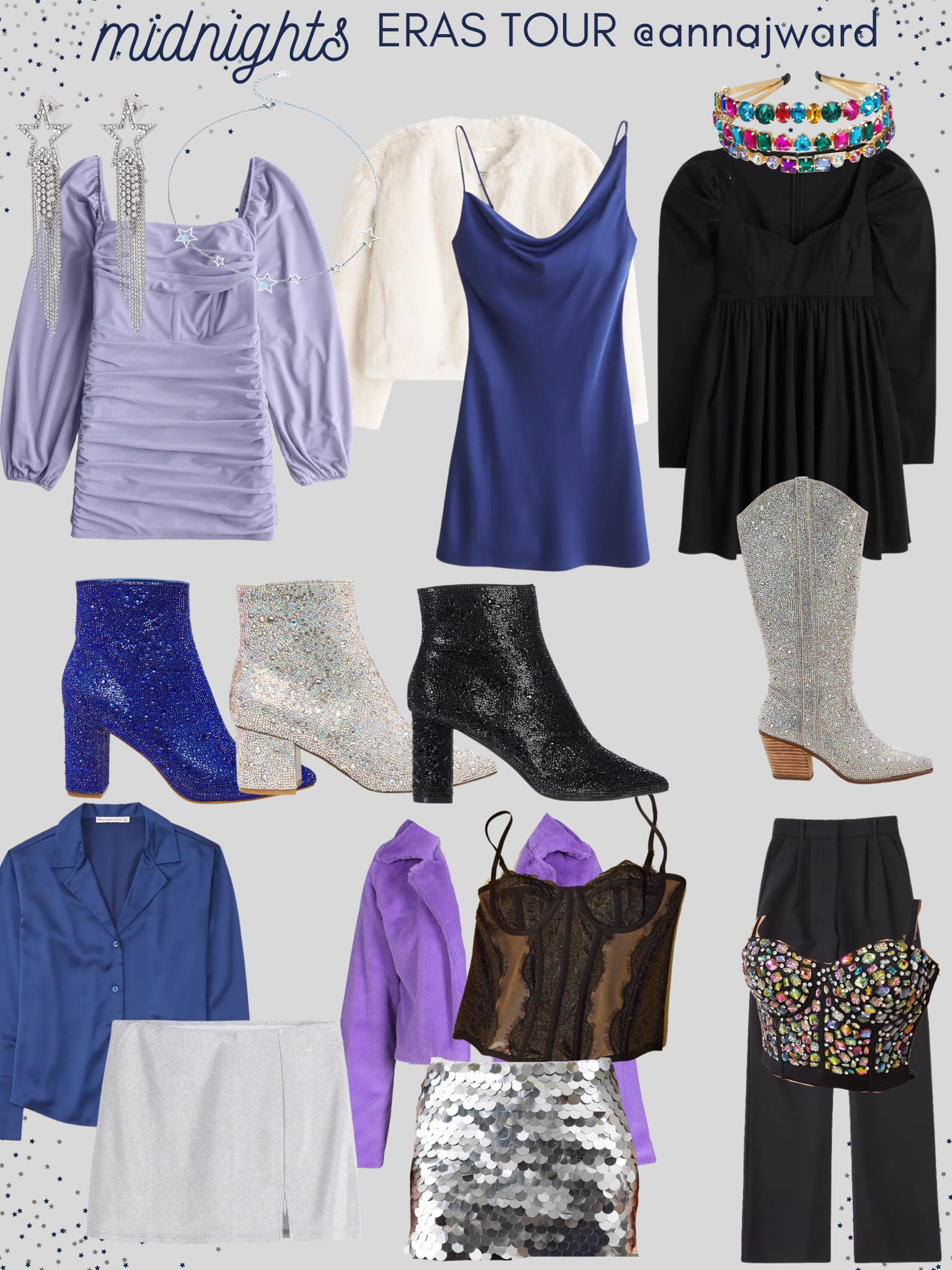 Taylor Swift concert ideas. Taylor Swift Eras Tour concert outfit ideas. Midnights outfits Taylor’s Eras Tour. Midnights album by Taylor Swift. #TaylorSwift #midnightsAlbum #midnightsTaylorSwift #ErasTour #ConcertOutfits sequins. Grungy. Edgy. Midnight blue. Metallic. Sparkles. Lavender haze. Betsey Johnson sparkly boots. Urban corset. Sparkle cowgirl boots. Midnights outifts Era Tour  

#LTKstyletip #LTKunder100 #LTKshoecrush
