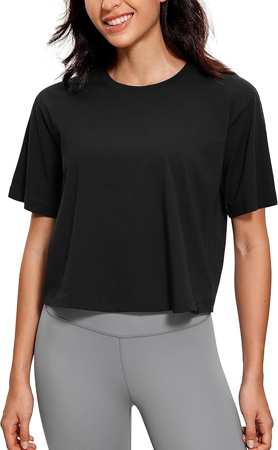 CRZ YOGA Womens Loose Fit Cotton Polyester Short Sleeve Shirts Crop Tops Casual Workout T-Shirts | Amazon (US)