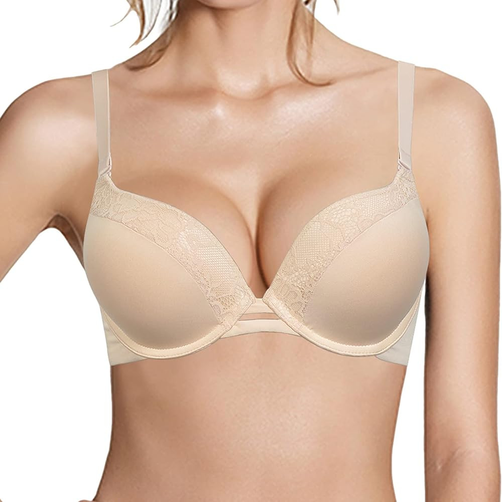 Pushlus Push Up Thick Padded Plunge Underwire T Shirt Lace Bra Lift Support for Women Add One Cup | Amazon (US)