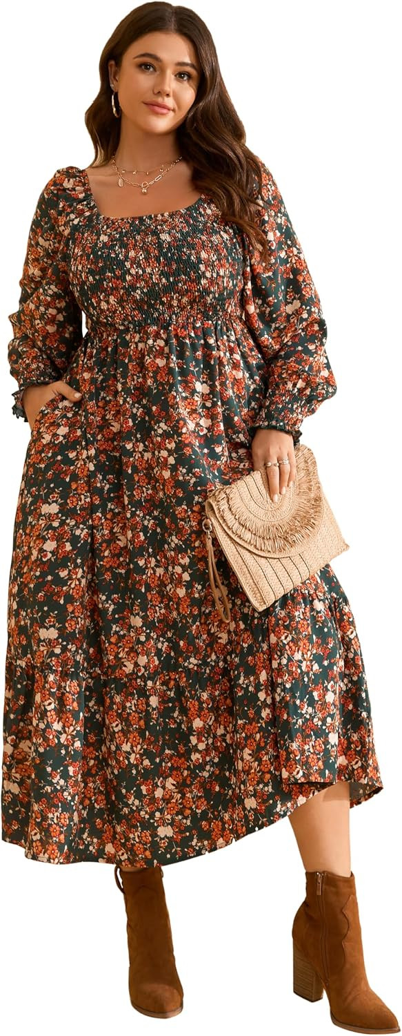 Women Plus Size Fall Dresses Long Sleeve Smocked Boho Floral Maxi Dress | Amazon (US)