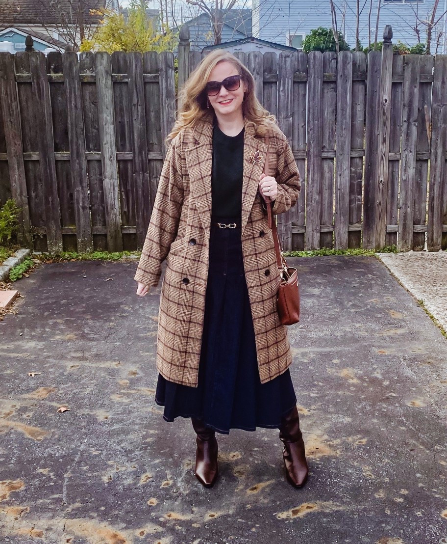 Midi denim skirt - go down 1 size 
Plaid jacket 
Adjustable belt 

#LTKMidsize #LTKFindsUnder100 #LTKCyberWeek