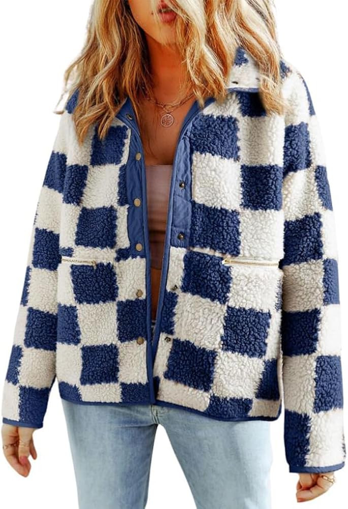 chouyatou Women's Fuzzy Plaid Sherpa Jacket Gingham Button Down Faux Fur Fleece Jacket Coat | Amazon (US)