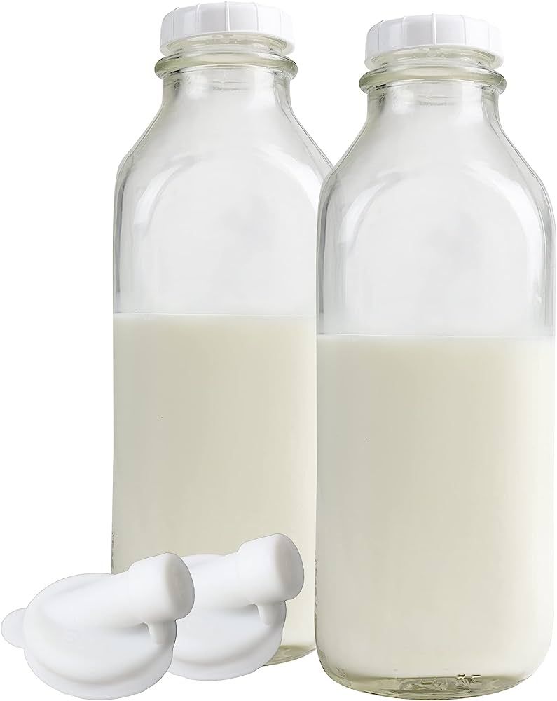 The Dairy Shoppe Heavy Glass Milk Bottles 33.8 Oz Jugs with Extra Lids & NEW Pour Spouts! (2, 33.... | Amazon (US)