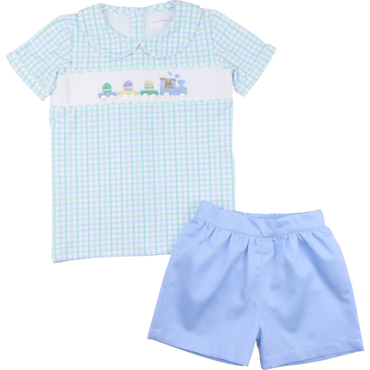 Blue And Mint Windowpane Smocked Easter Train Short Set | Cecil and Lou