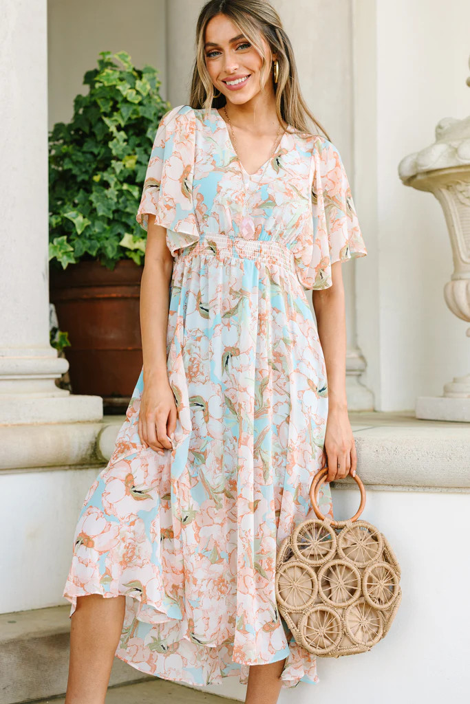 Field Of Dreams Light Blue Floral Midi Dress | The Mint Julep Boutique