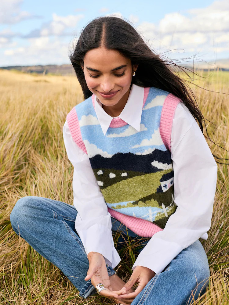 Multi Landscape Scene Sleeveless Knitted Tank With Wool | Next EU