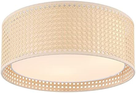 WINGBO 15.7" Modern 3-Light Flush Mount Ceiling Light Fixture with Rattan & Fabric Double Drum Sh... | Amazon (US)