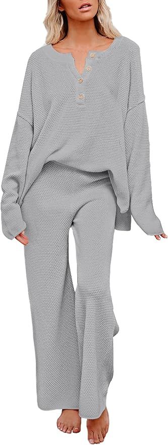 HAPCOPE Women's Waffle Knit Pajama Set 2 Piece Outfit Long Sleeve Top and Wide Leg Pants Tracksui... | Amazon (US)