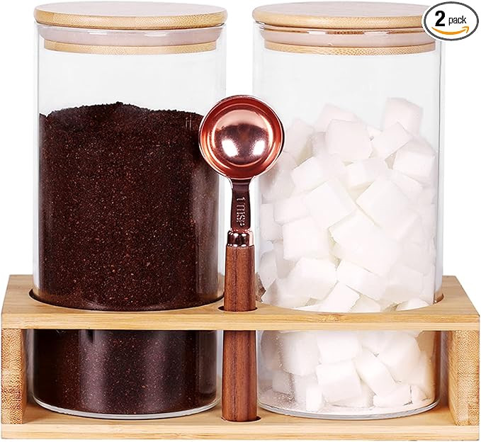 Glass Coffee Containers with Shelf, Set of 2 Coffee Bean Storage with Bamboo Lids and Spoon, Grou... | Amazon (US)