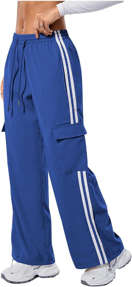 Verdusa Women's Cargo Pants Baggy Straight Wide Leg Track Pants Striped Joggers with Pockets Athl... | Amazon (US)
