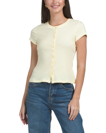 Ribbed Button Front Short Sleeve Top For Women, Spandex/Cotton/Polyester | TJ Maxx