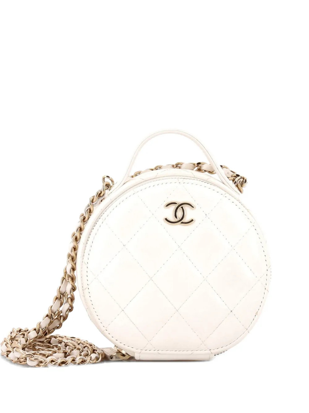 CHANEL Pre-Owned Handle with Care Round Vanity Case with Chain Quilted Lambskin Small crossbody bag - White | Farfetch Global