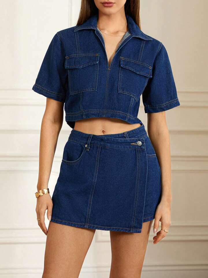 Womens 2 Piece Denim Outfits Short Sleeve Lapel Jean Tops And Asymmetrical Shorts Set Streetwear | SHEIN