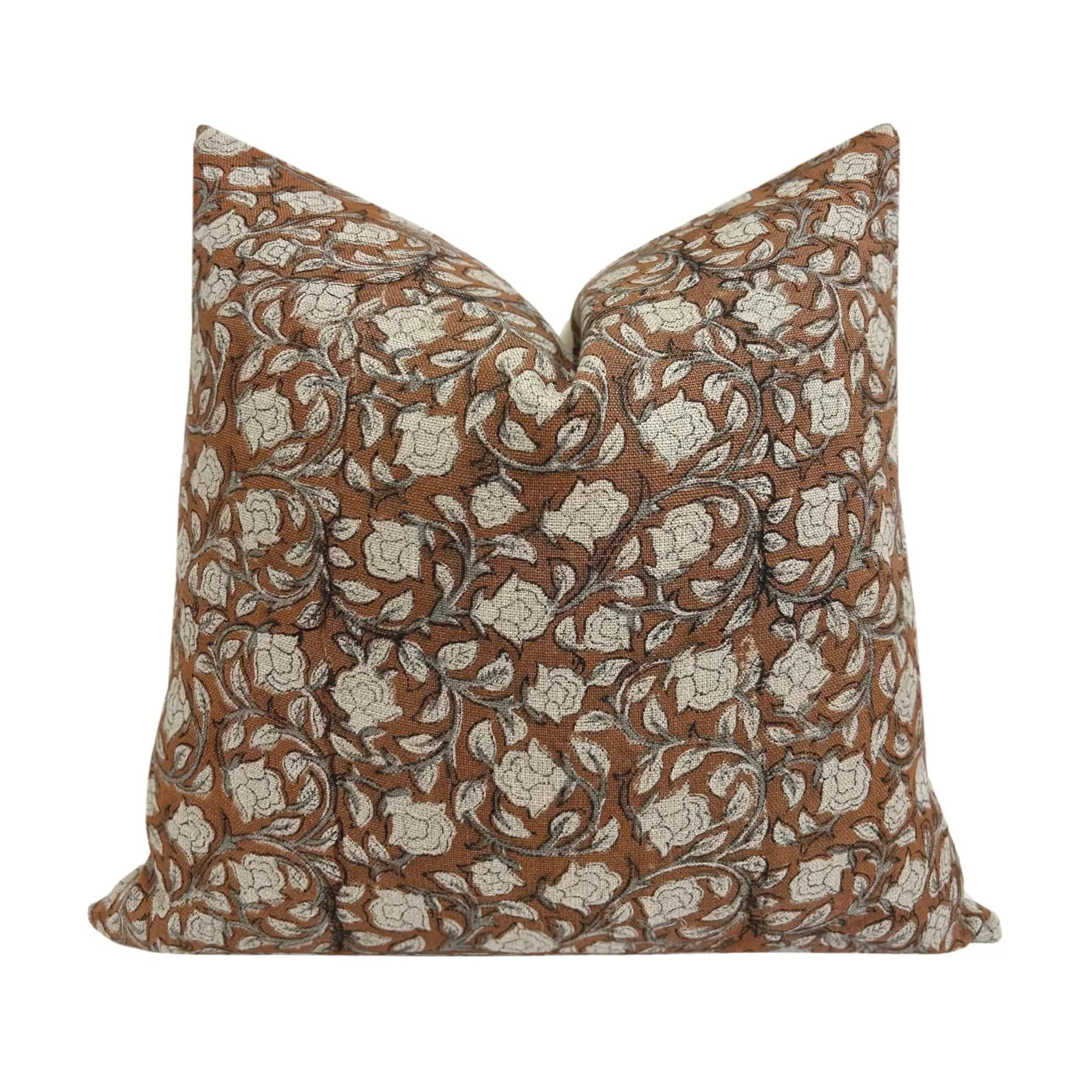 RALPH || Designer Floral Linen Pillow Cover, Rust and Sage Floral Pillow Cover, Block Print Linen... | Etsy (US)