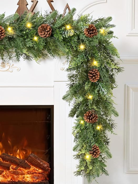 6FT Christmas Garland with Lights, Realistic Cedar Garland with Pinecone Real Touch Norfolk Pine Garlands, Prelit Lighted Cypress Garlands for Mantle Table Stairs Winter Indoor Outdoor Decor | Amazon (US)