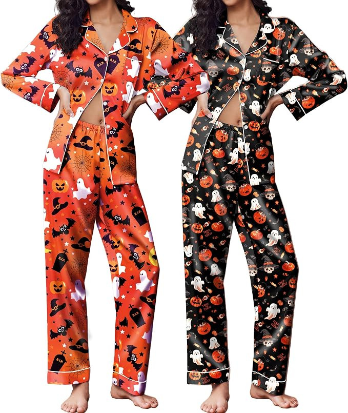 Ekouaer 2 Pack Pajamas for Women Set Silk Lounge Sets Button Up Pj Sets | Amazon (US)