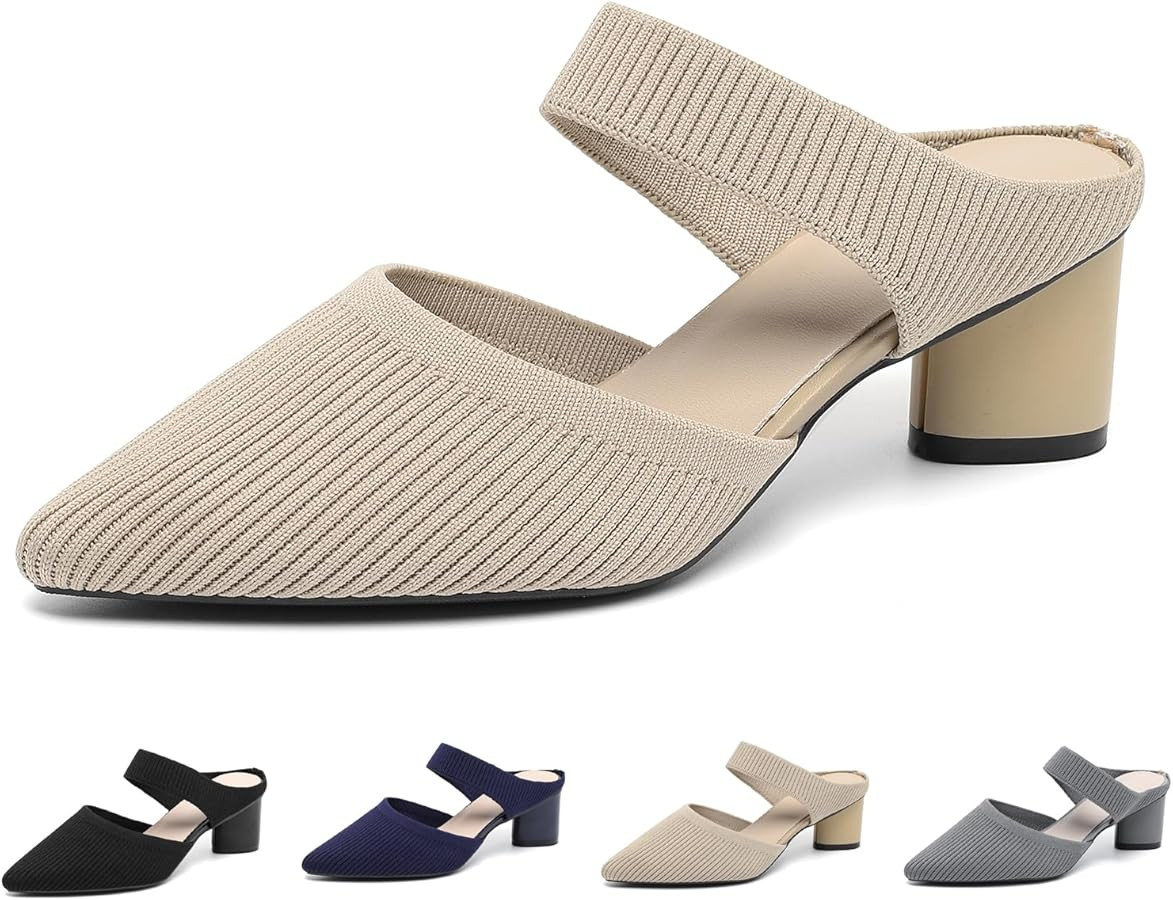 Women's Knit Pointed Toe Chunky Heel Mules Fashion Mesh Breathable Closed Toe Backless Block Heel... | Amazon (US)