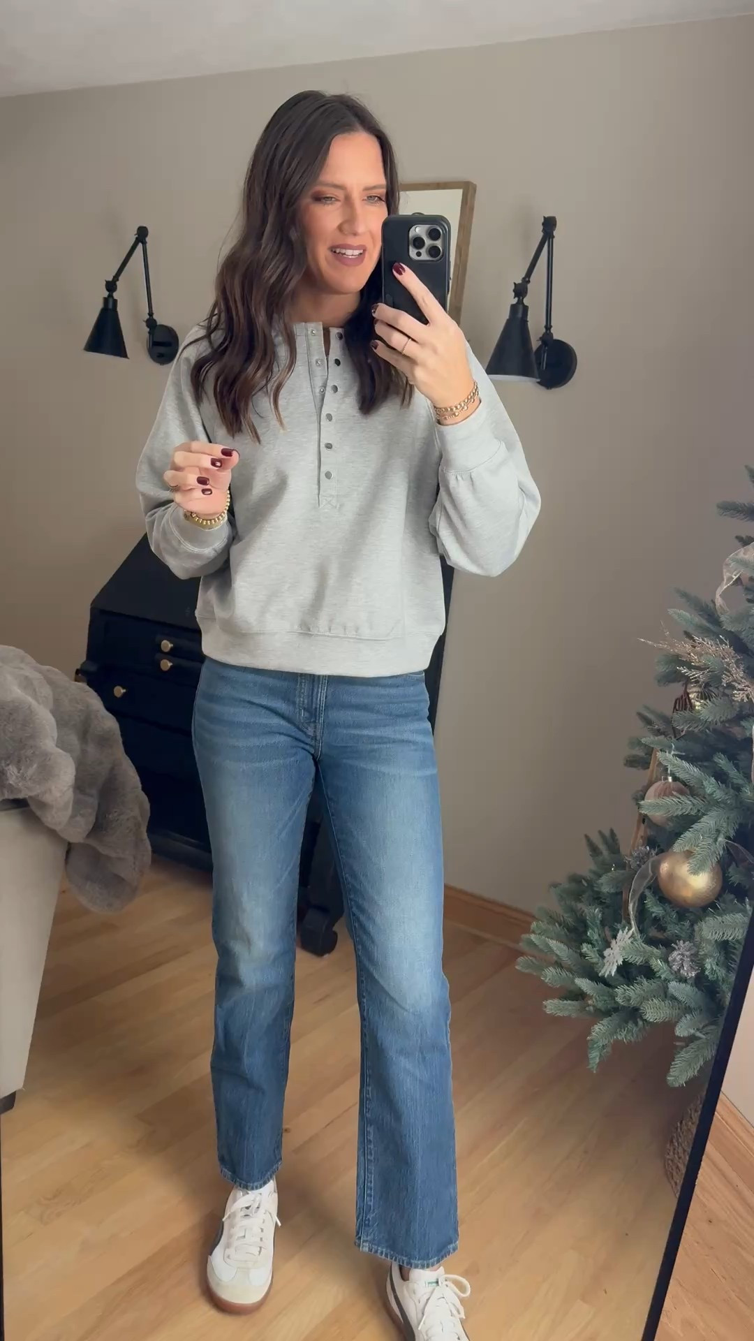 This scuba knit sweatshirt is super comfy and I love that it will be nursing friendly for you mamas with babies. Wearing a medium and its tts. 