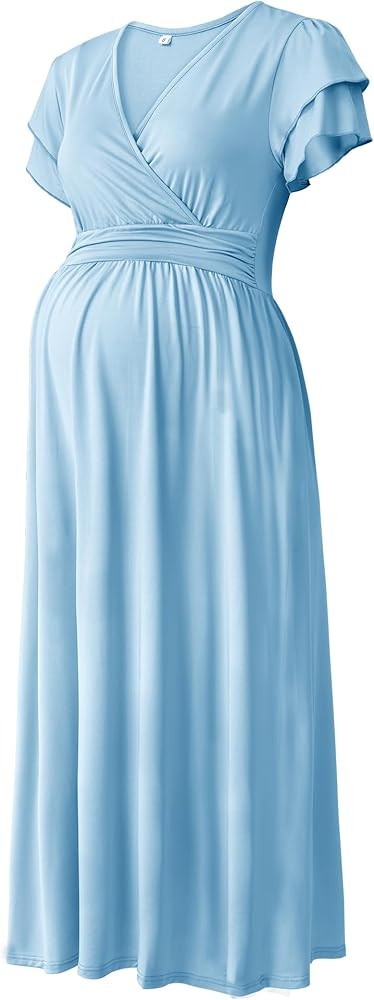 Women Maternity Maxi Dress V Neck Summer Long Flowy Casual Pregnancy Dresses for Baby Shower & Ph... | Amazon (US)