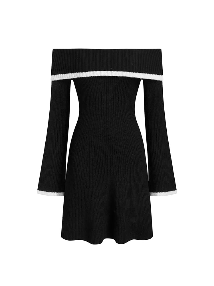 CIDER Womens Sweater Dresses Off The Shoulder Long Sleeve Color Block A Line Mini Dress Fall Part... | Amazon (US)