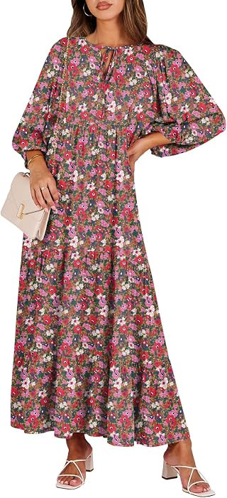 ANRABESS Womens Boho Floral 3/4 Puff Sleeve Maxi Dress | Amazon (US)