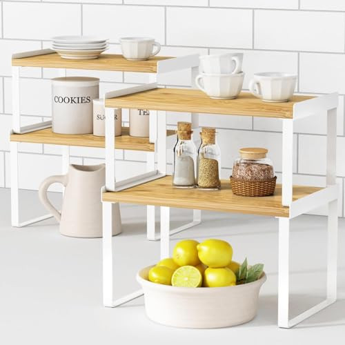 Goozii Kitchen Cabinet Organizer Shelf Set of 4, Stackable Countertop Organizer for Kitchen Counter, Corner Organizers and Storage Rack for Pantry Spices Plates, Desk Books (Bamboo Wood, White) | Amazon (US)