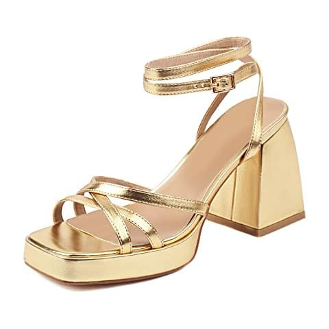 Amazon.com | ISNOM Gold Heels for Women Chunky Heel, Strappy Heels Ankle Strap Platform Square Open  | Amazon (US)