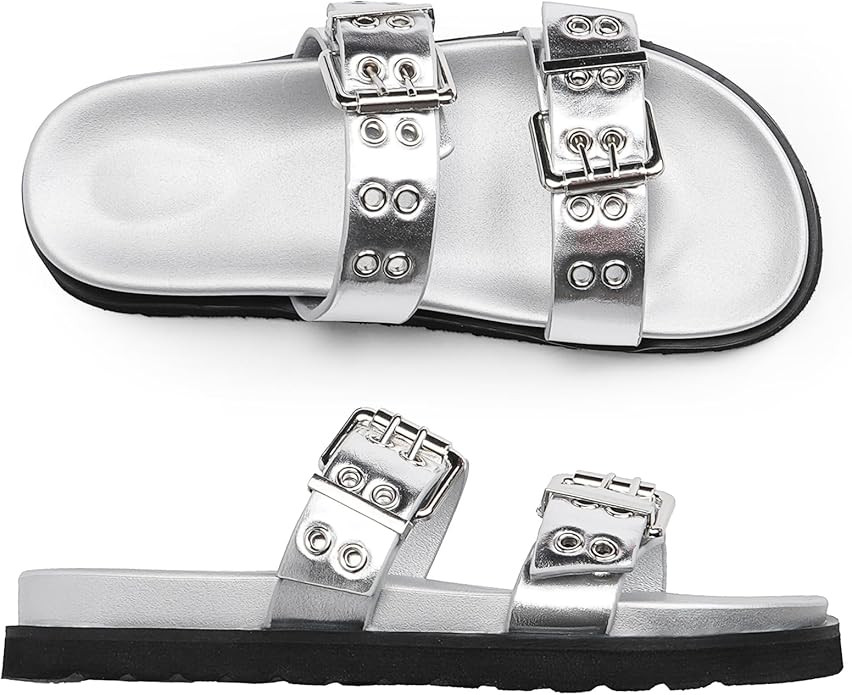 Modatope Womens Flat Sandals for Women Double Buckle Adjustable Slide Sandals Slip On Open Toe Pl... | Amazon (US)