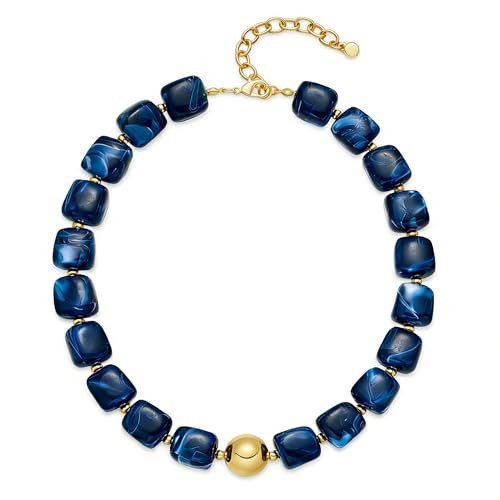 WOWORAMA Blue Chunky Beaded Necklace for Women Navy Blue Large Square Acrylic Beads Necklace Statement Chunky Choker Necklaces Summer Boho Jewelry | Amazon (US)