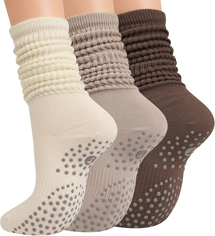 Grip Pilates Socks for Women, Yoga Slouch Socks with Grip for Barre Workout Hospital Long Scrunch... | Amazon (US)