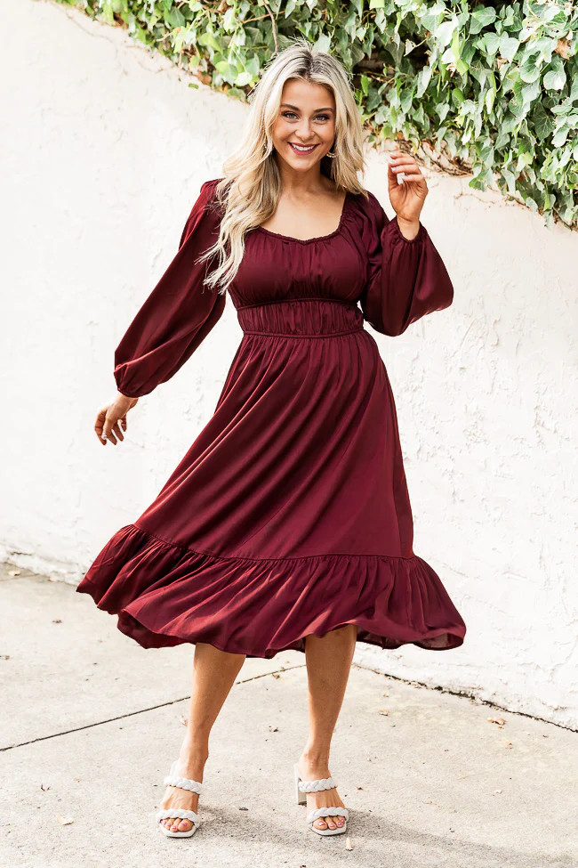 Longing For More Wine Satin Midi Dress | Pink Lily