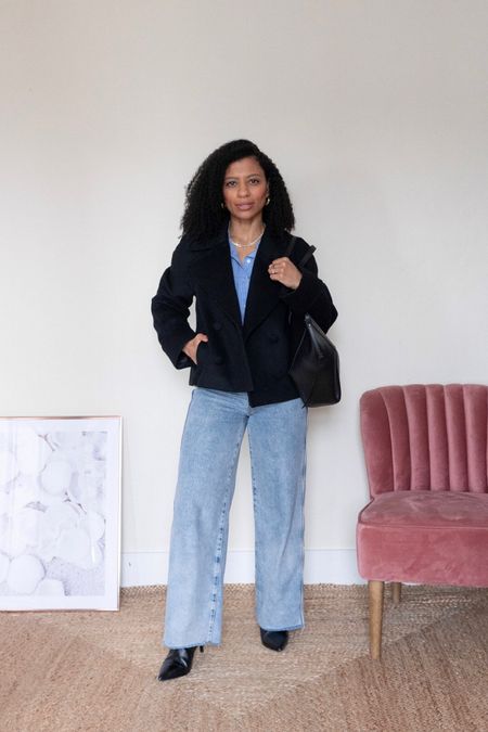 Wide Leg Jeans Outfit 
Style with blue shirt, pointed ankle boots and a cropped pea coat. 
Spring Outfit
Petite Outfitt

#LTKeurope #LTKstyletip #LTKSeasonal