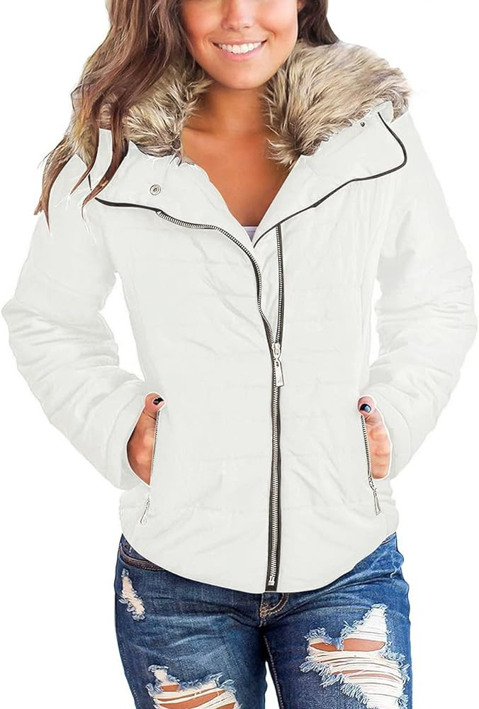 Vetinee Women Casual Faux Fur Lapel Zip Pockets Quilted Parka Jacket Puffer Coat | Amazon (US)