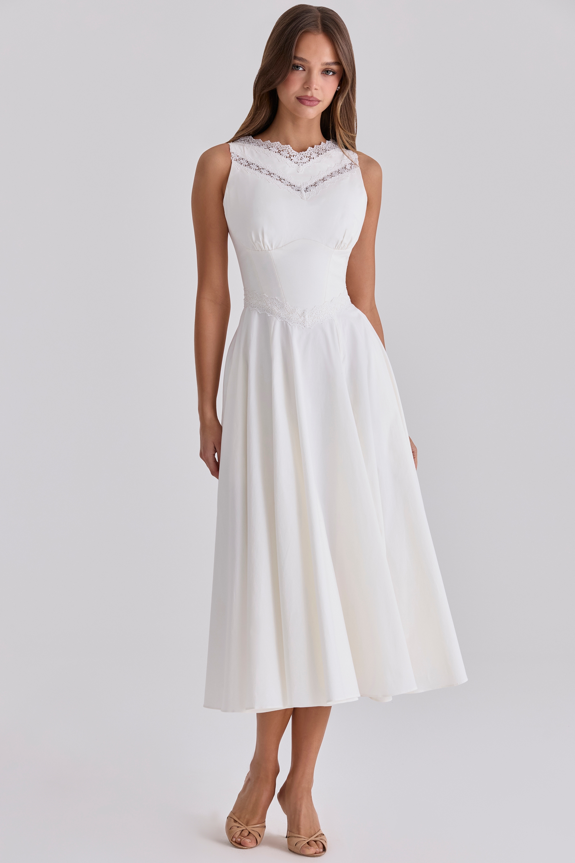 white cotton lace trim waist cinch midi dress | House of CB