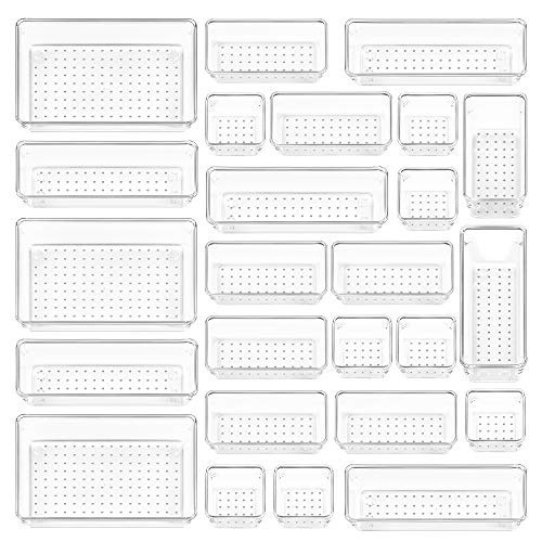 Vtopmart 25 PCS Clear Plastic Drawer Organizers Set, 4-Size Versatile Bathroom and Vanity Drawer Organizer Trays, Storage Bins for Makeup, Bedroom, Kitchen Gadgets Utensils and Office | Amazon (US)