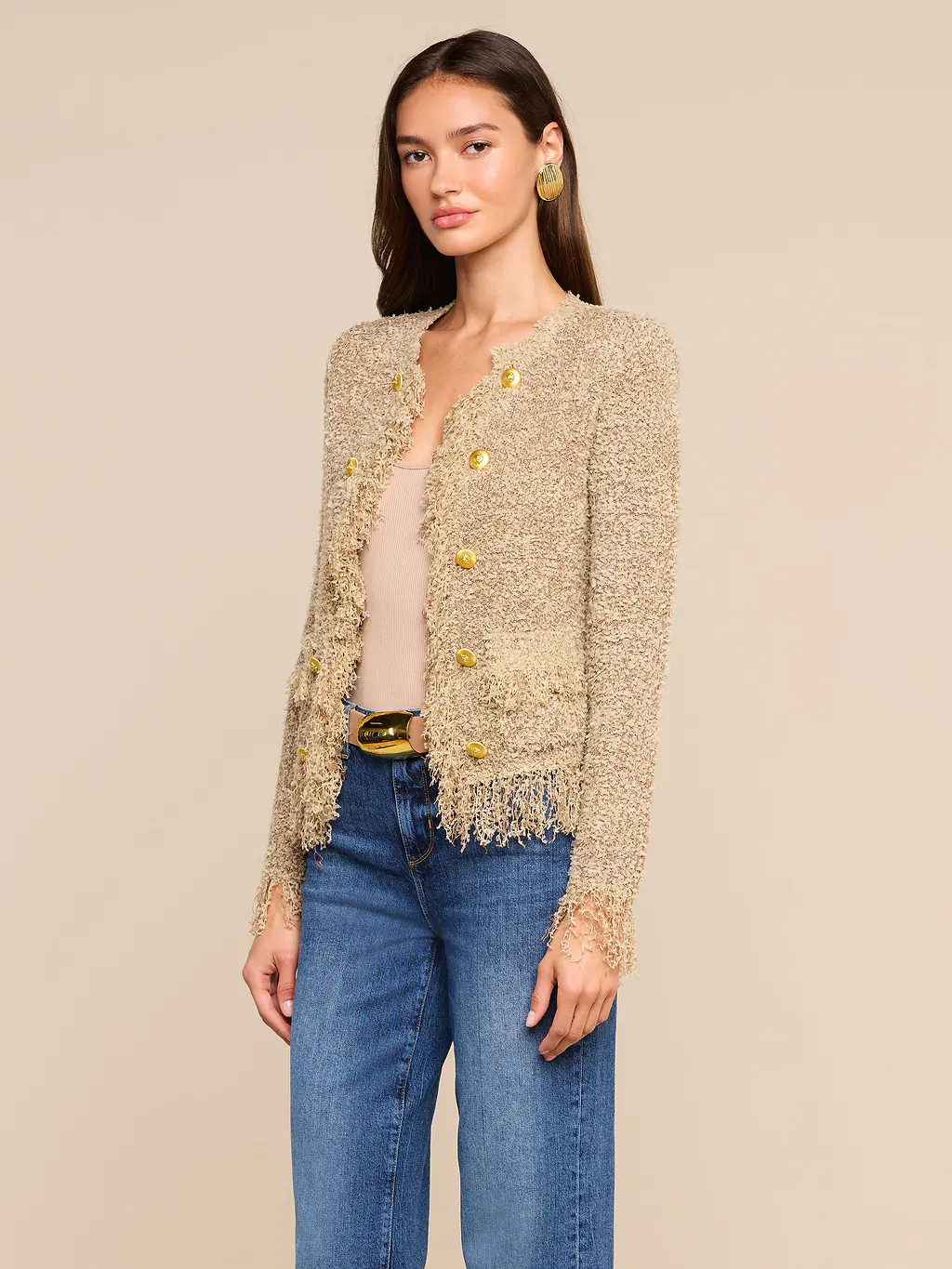 Mireille Fringe Cardigan in Natural | L'AGENCE | L'Agence