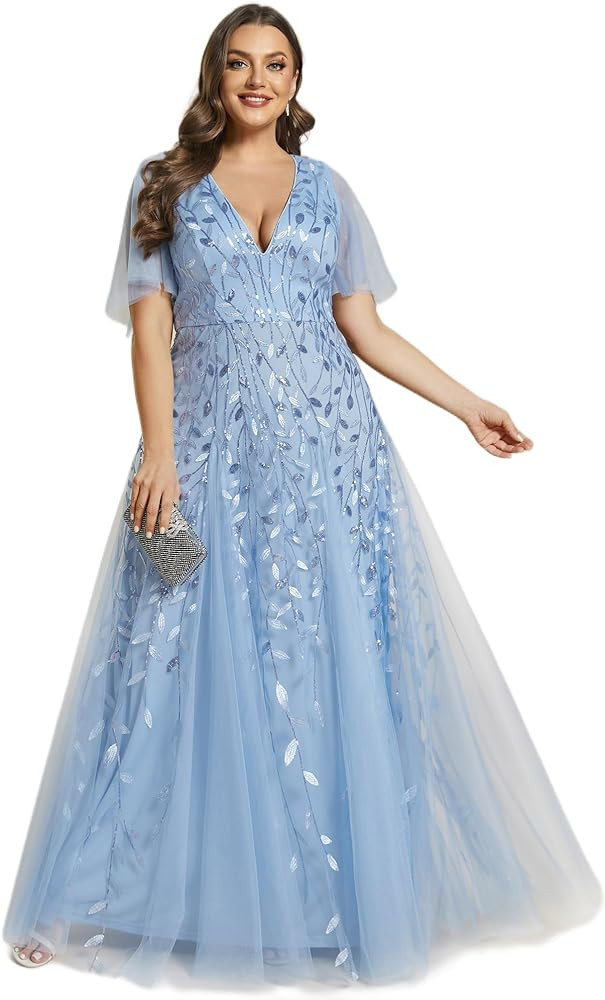 Ever-Pretty Womens Plus Size Sequin Emboridery Formal Evening Dresses with Sleeves 00736-DA | Amazon (US)