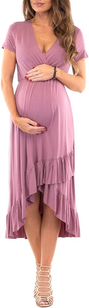 Mother Bee Maternity Short or 3/4 Sleeve Hi-Low Ruffle Faux Wrap Dress | Amazon (US)