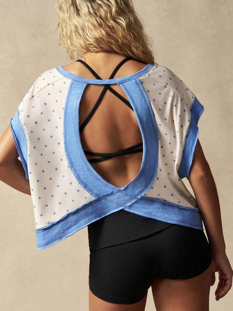VARSIVA Contrast Color Patchwork Polka Dot Print Hollow Back Sports T-Shirt | SHEIN