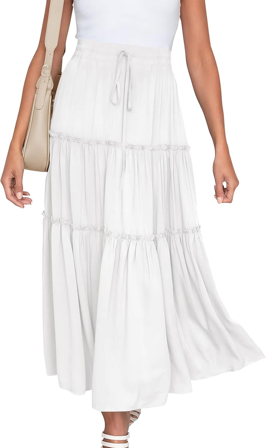 NASHALYLY Skirts for Women Boho Elastic Waisted Drawstring Swing Ruched 3 Tiered Maxi Skirt with ... | Amazon (US)