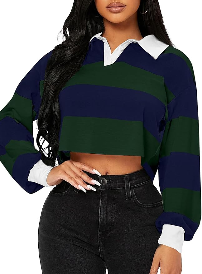 LovelyWholesale Striped Cropped Sweatshirts Polo Collar Crop Tops | Amazon (US)