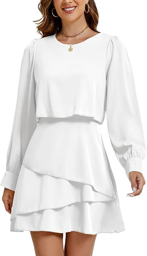 LYANER Women’s Casual Crewneck Long Sleeve Layered Ruffle Hem A Line Mini Dress | Amazon (US)