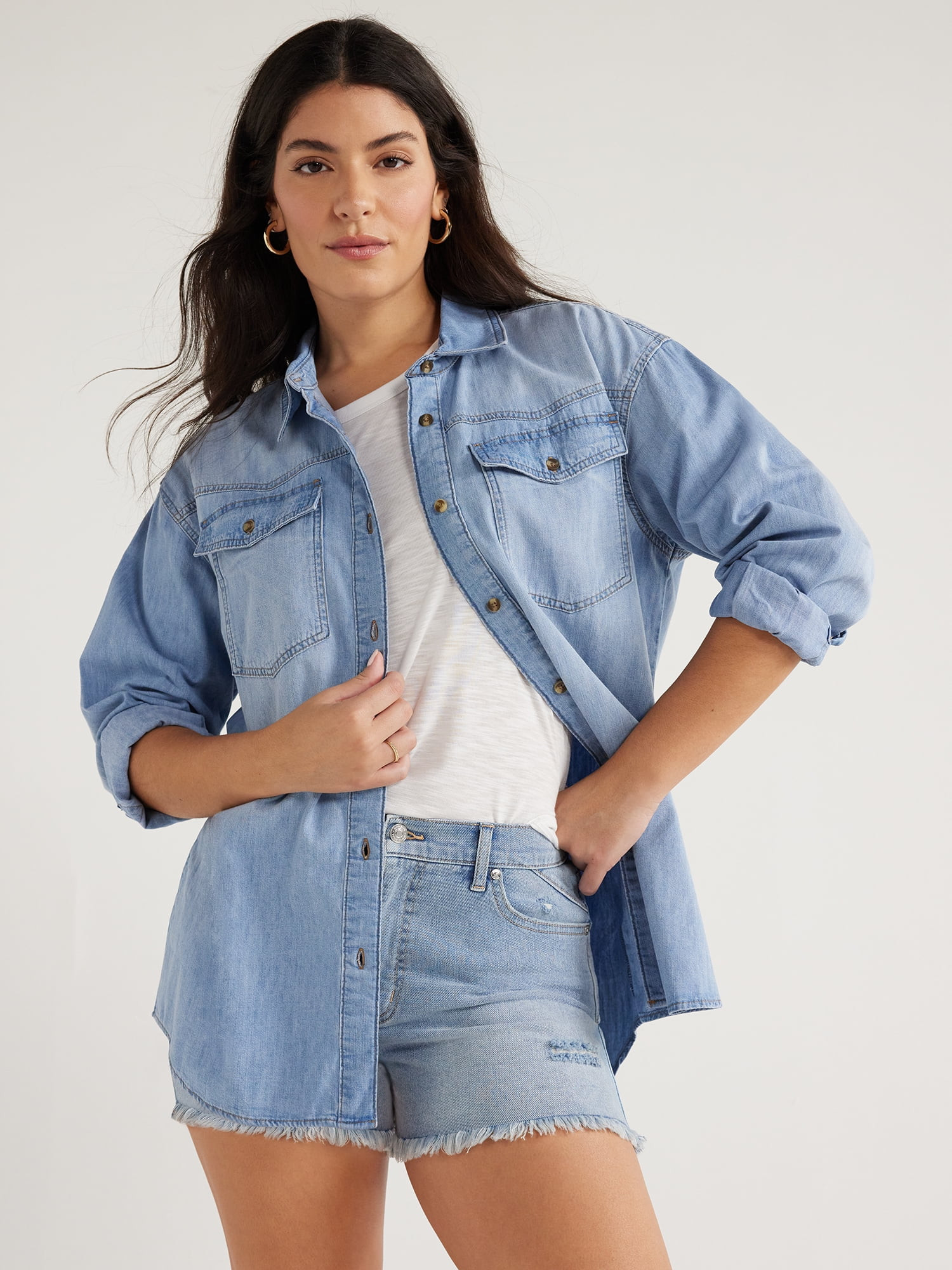 Sofia Jeans Women's and Women's Plus Sofia Oversized Boyfriend Shirt with Long Sleeves, Sizes XS-... | Walmart (US)