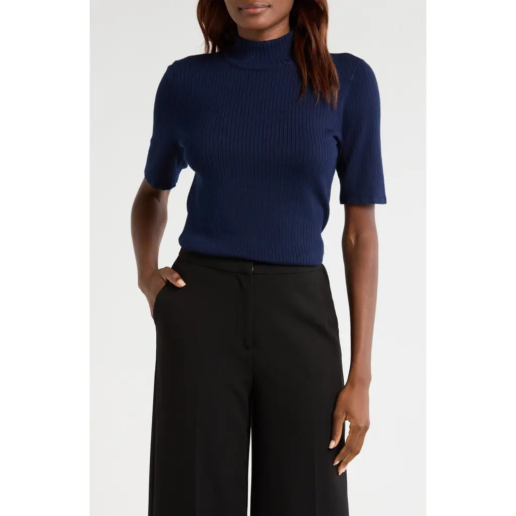 halogen(r) Short Sleeve Mock Neck Rib Sweater in Classic Navy at Nordstrom, Size Large | Nordstrom