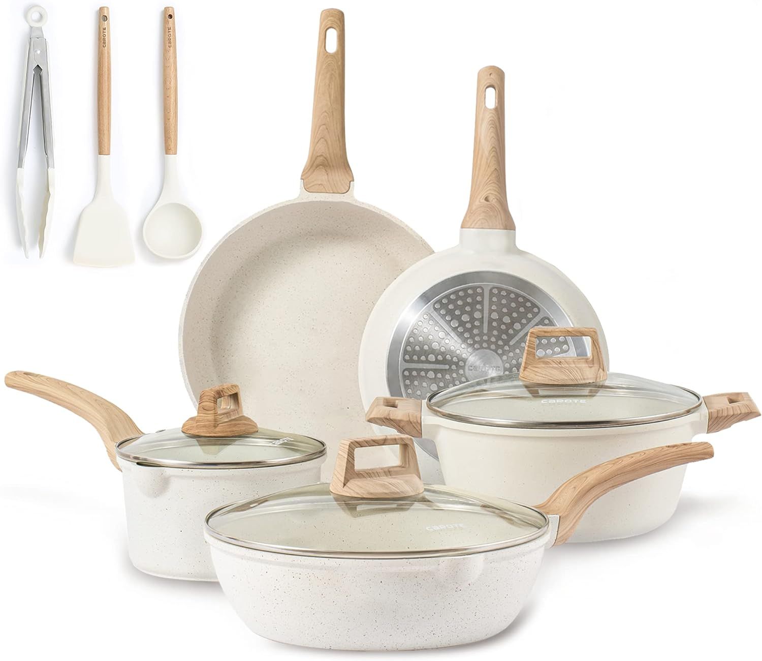 CAROTE Pots and Pans Set Nonstick, White Granite Induction Kitchen Cookware Sets, 11 Pcs Non Stic... | Amazon (US)