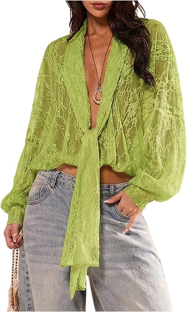 SOLY HUX Women's Lace Tops Long Sleeve Sheer Mesh Tie Front Blouse | Amazon (US)