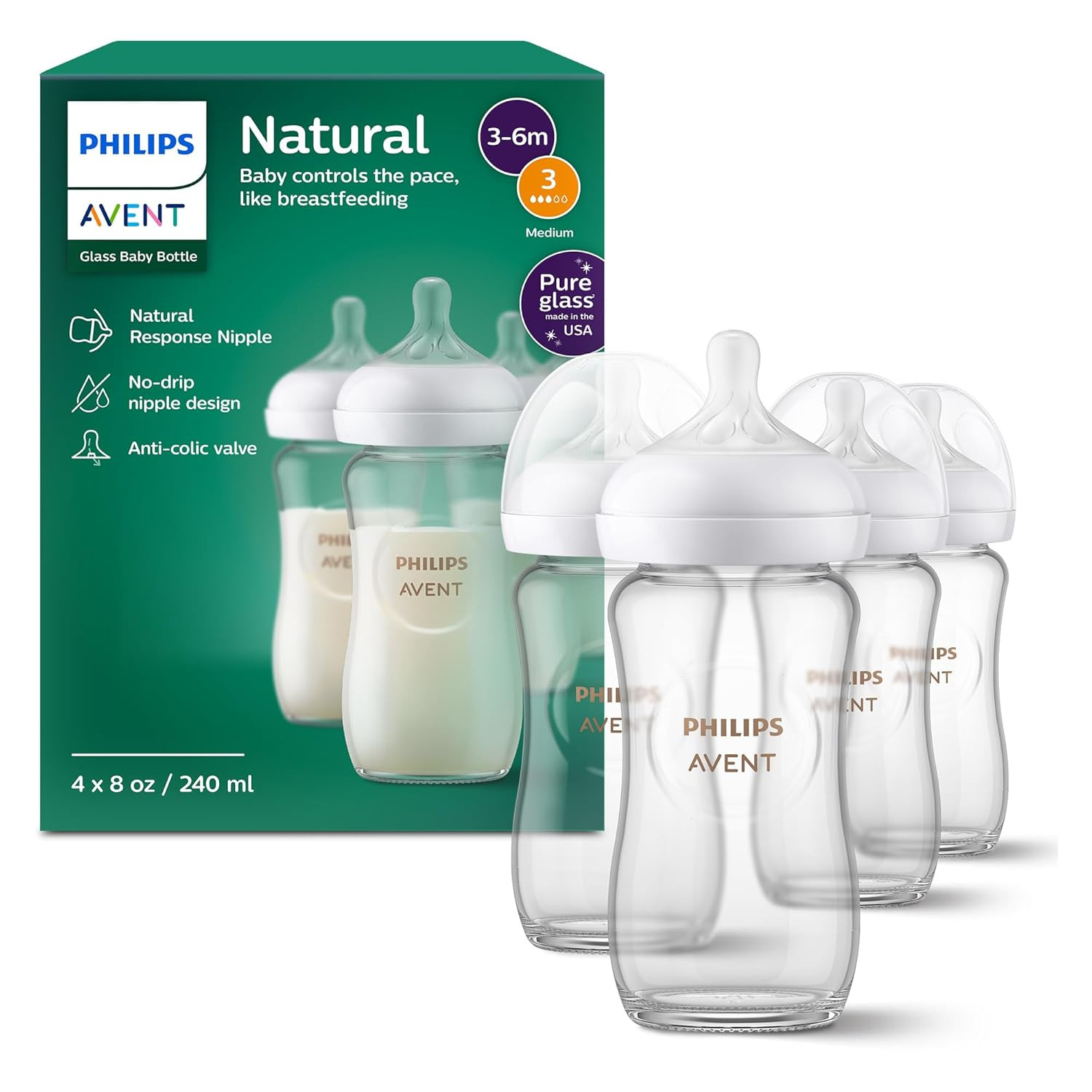 Philips Avent Natural Glass Baby Bottles, Medium Flow, 8 oz, BPA-Free | Amazon (US)