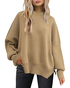 LILLUSORY Women's Crewneck Batwing Long Sleeve Sweater 2023 Fall Oversized Ribbed Knit Side Slit ... | Amazon (US)